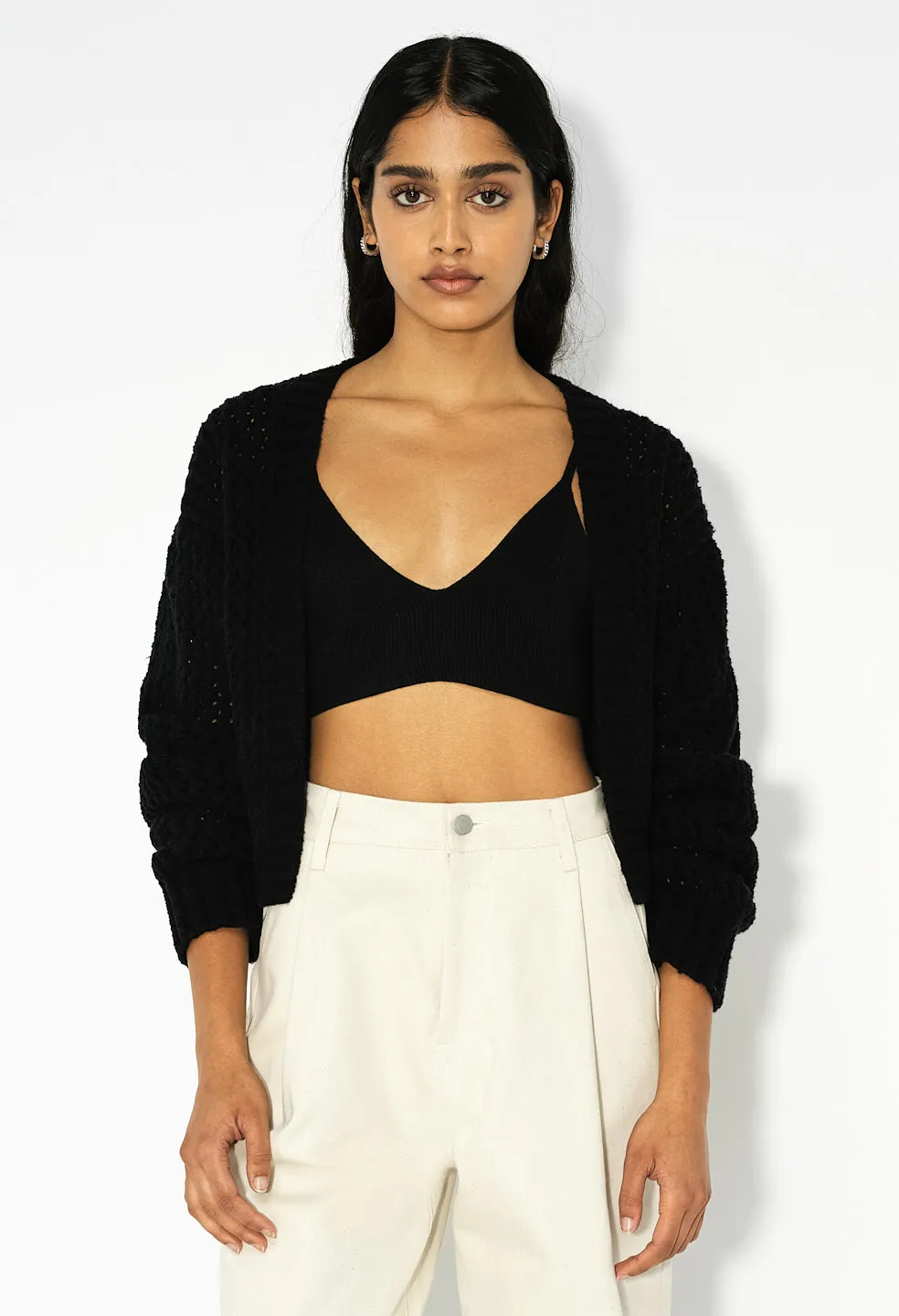 Foam Boucle Cropped Cardigan / Black