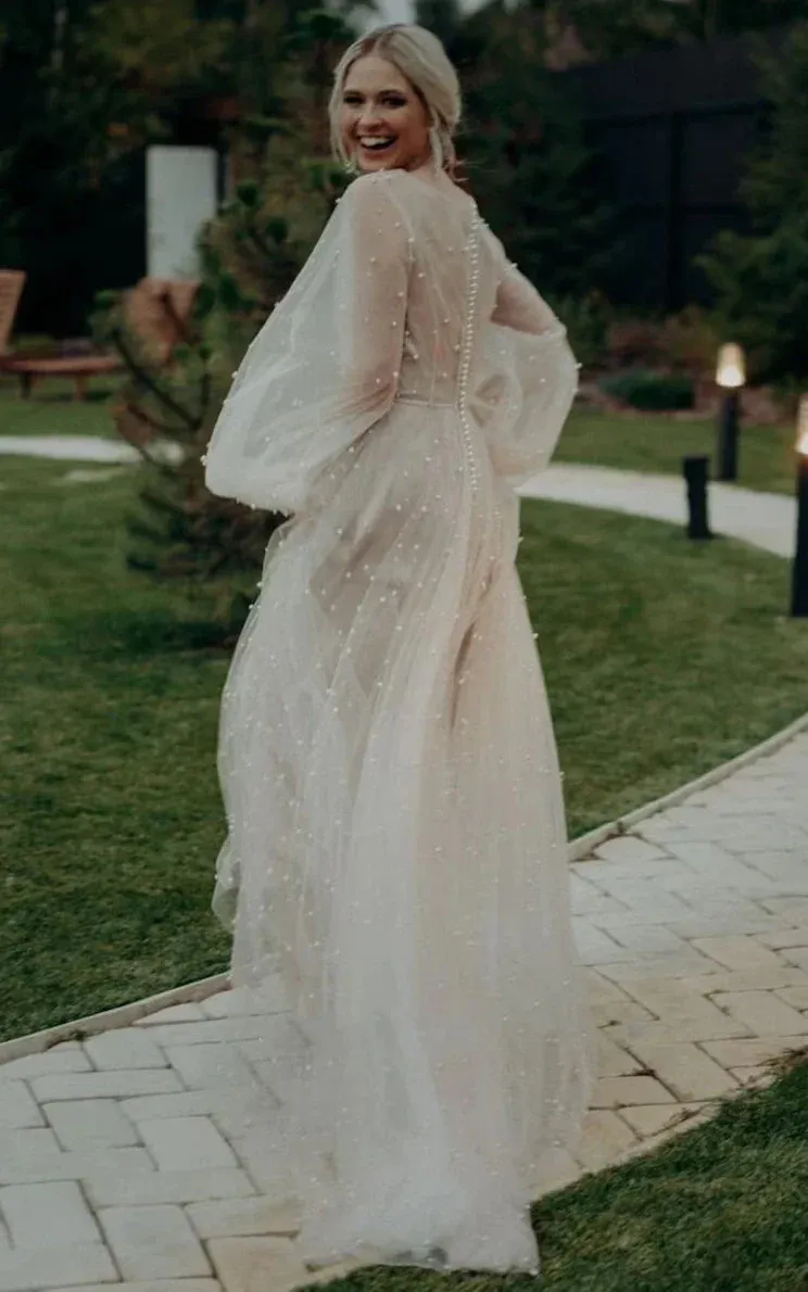 Franceska | Simple Modest A-Line Long Sleeve Tulle Elopement Illusion Wedding Dress with Pearl