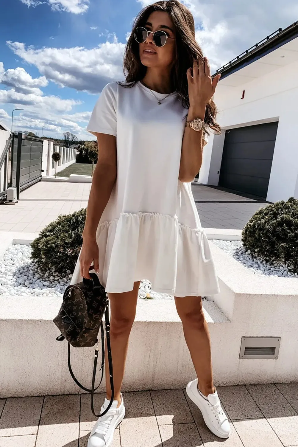 Frilly Hem Mini Dress with Short Sleeves and Loose Fit