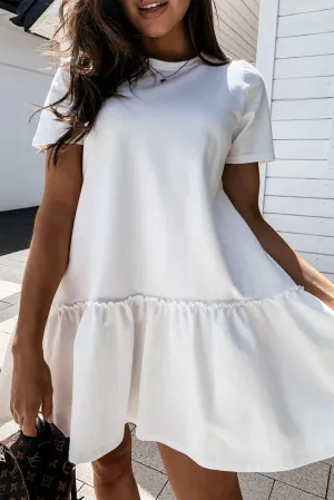 Frilly Hem Mini Dress with Short Sleeves and Loose Fit