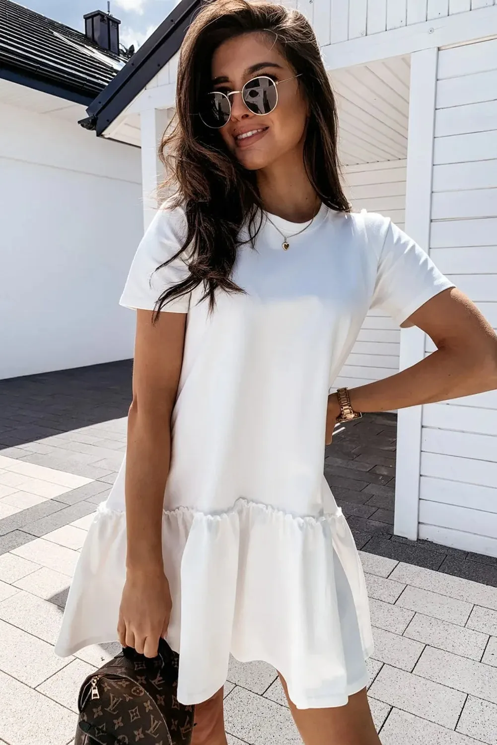 Frilly Hem Mini Dress with Short Sleeves and Loose Fit