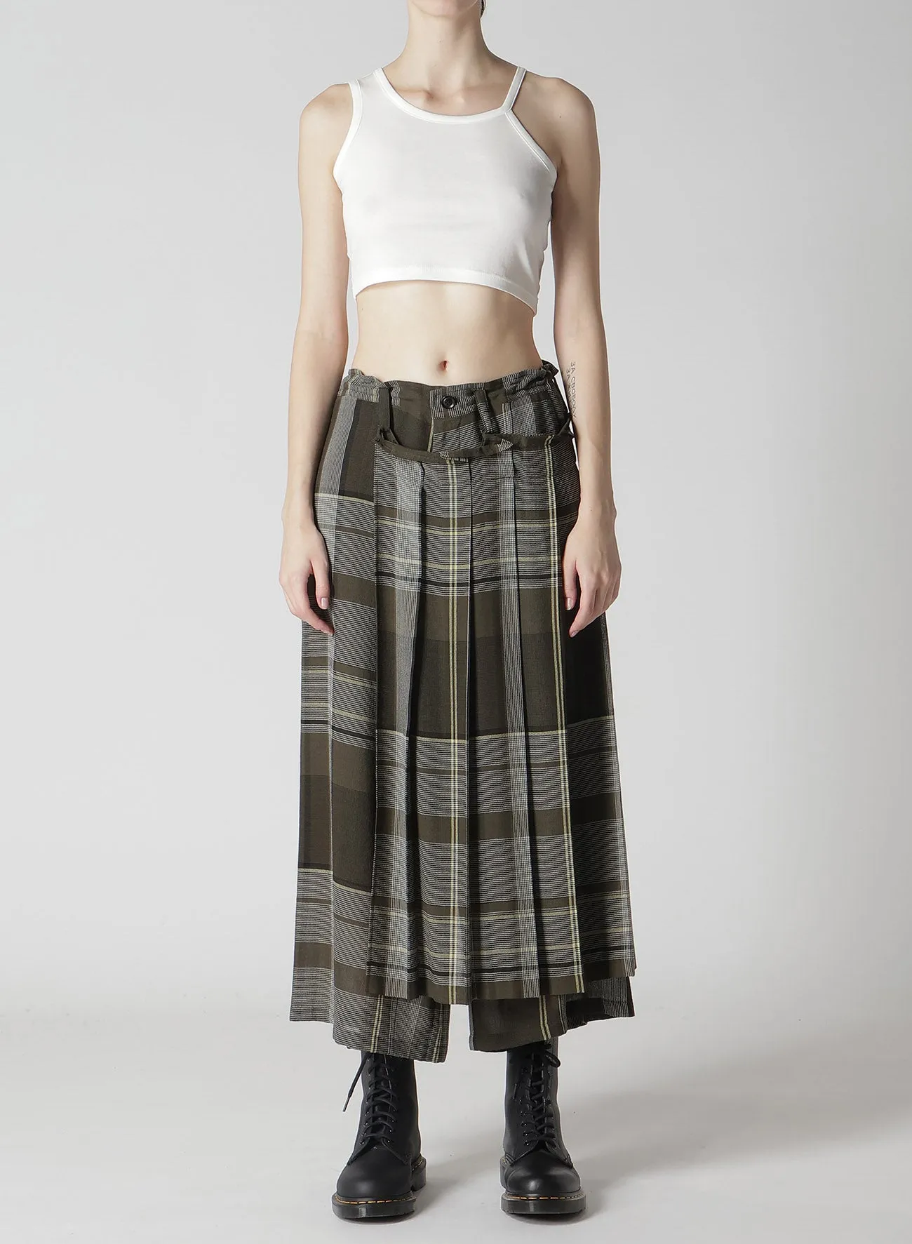 GAUZE PLAID WRAPT PLEATED PANTS