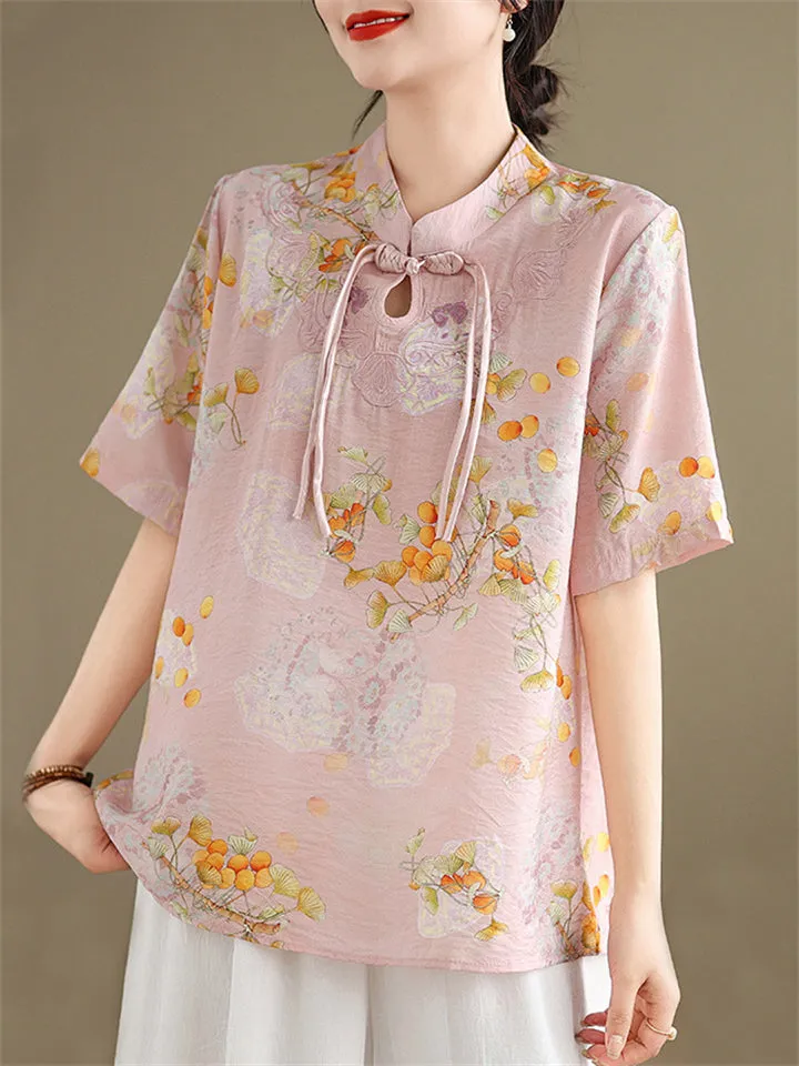 Ginkgo Leaf Print Stand Collar Tassel Button Female Shirt