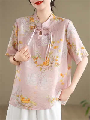 Ginkgo Leaf Print Stand Collar Tassel Button Female Shirt