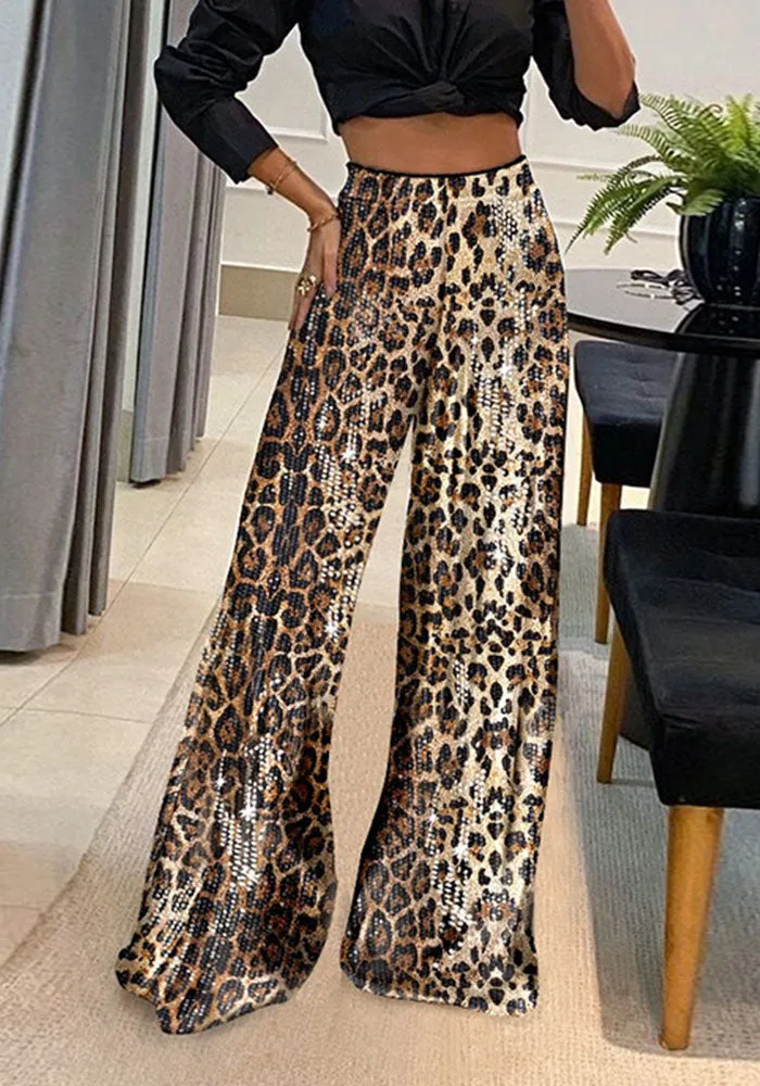 Glamorous Leopard Sequined High-Waisted Wide-Leg Pants
