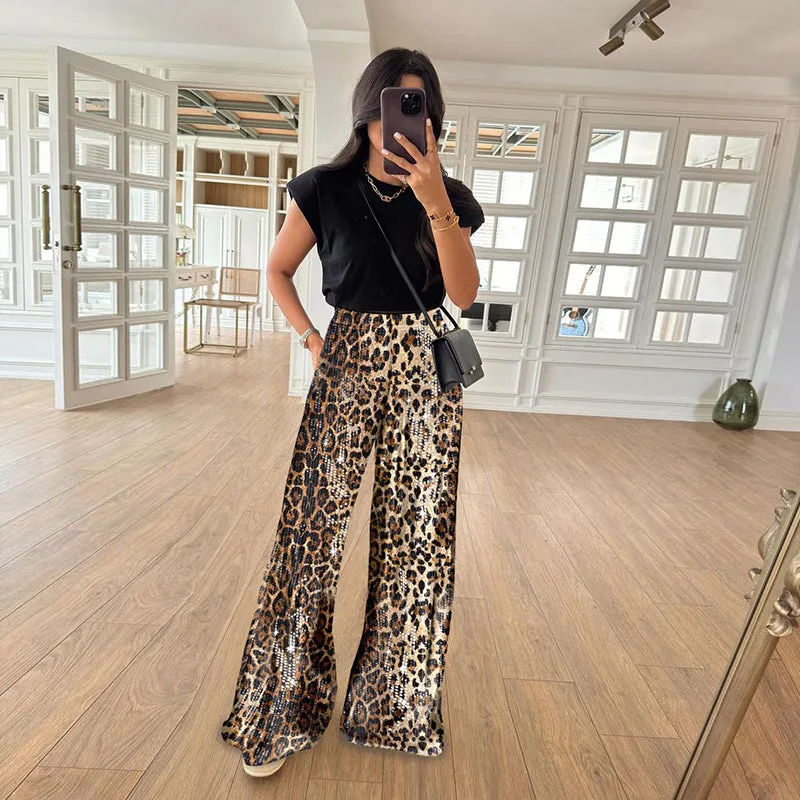 Glamorous Leopard Sequined High-Waisted Wide-Leg Pants