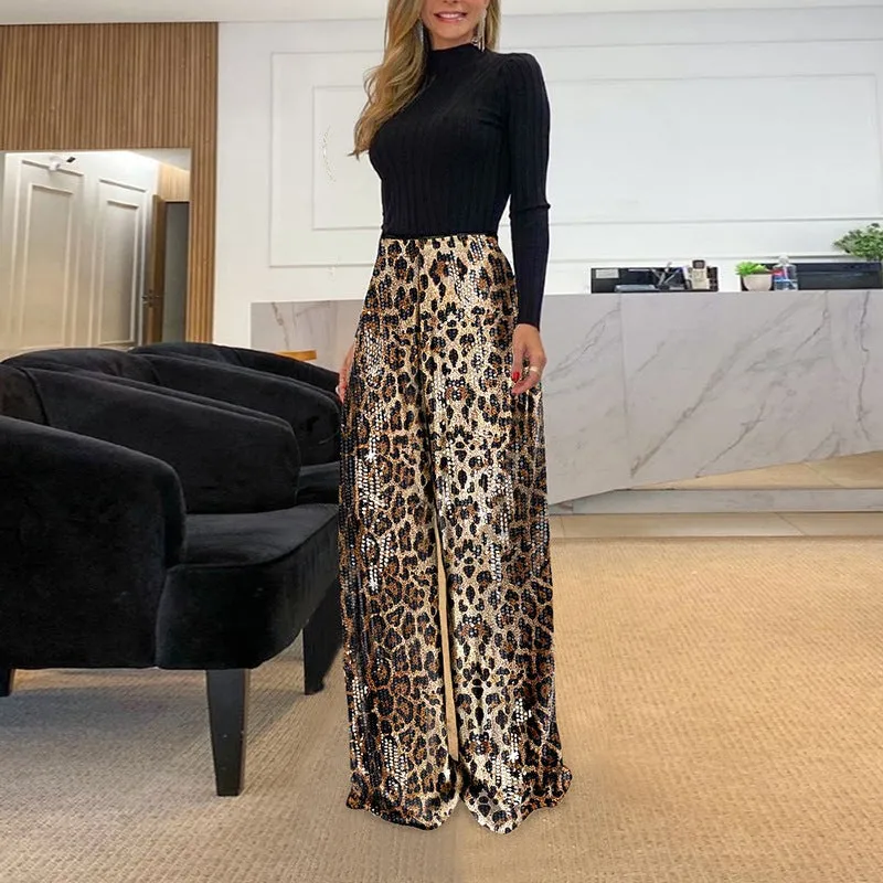 Glamorous Leopard Sequined High-Waisted Wide-Leg Pants