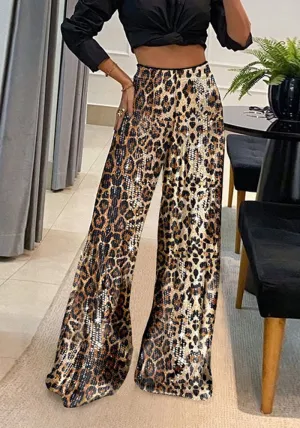 Glamorous Leopard Sequined High-Waisted Wide-Leg Pants