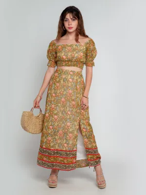Green Floral Print A-Line Skirt
