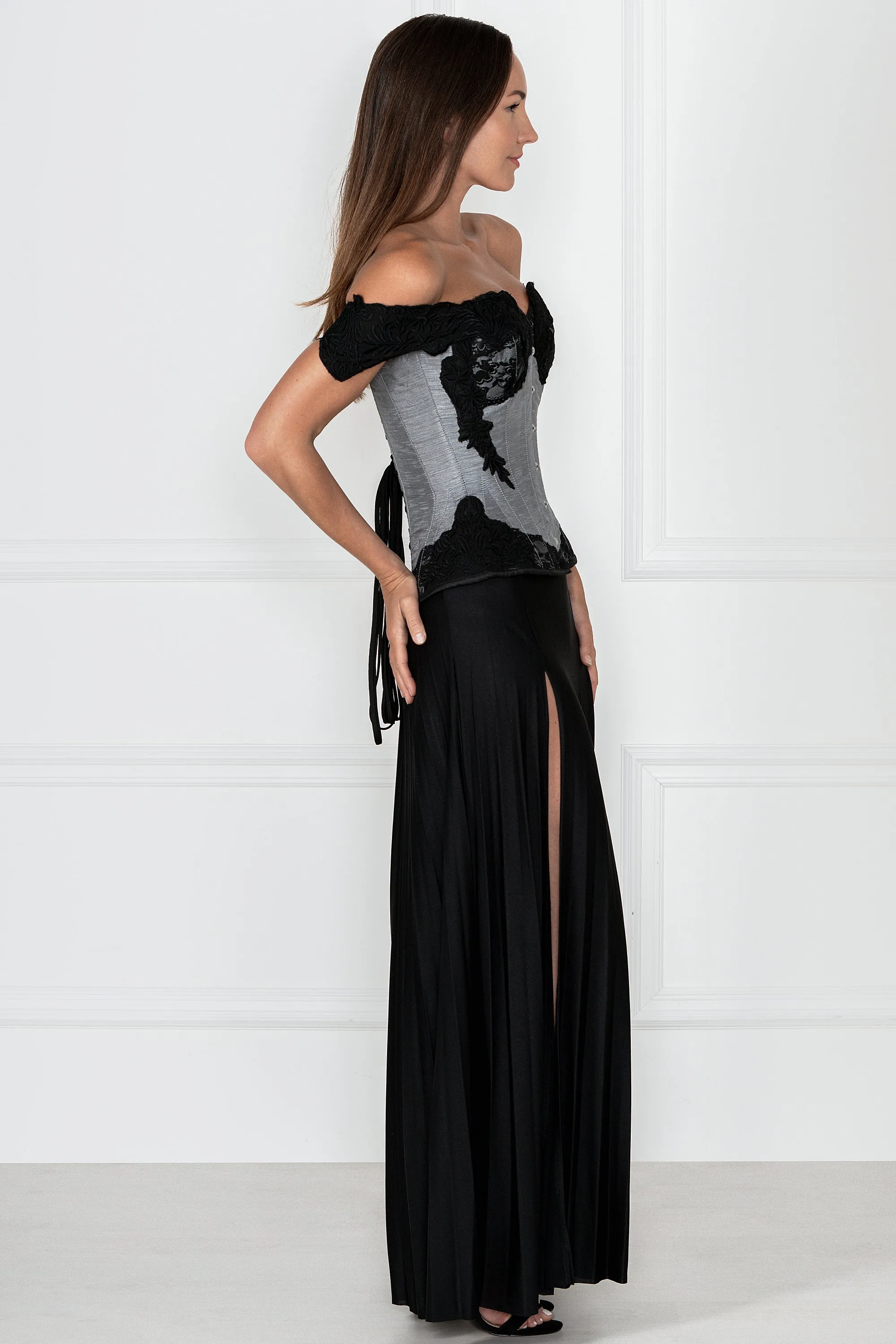 Grey Longline Corset Top with Lace Cap Sleeve