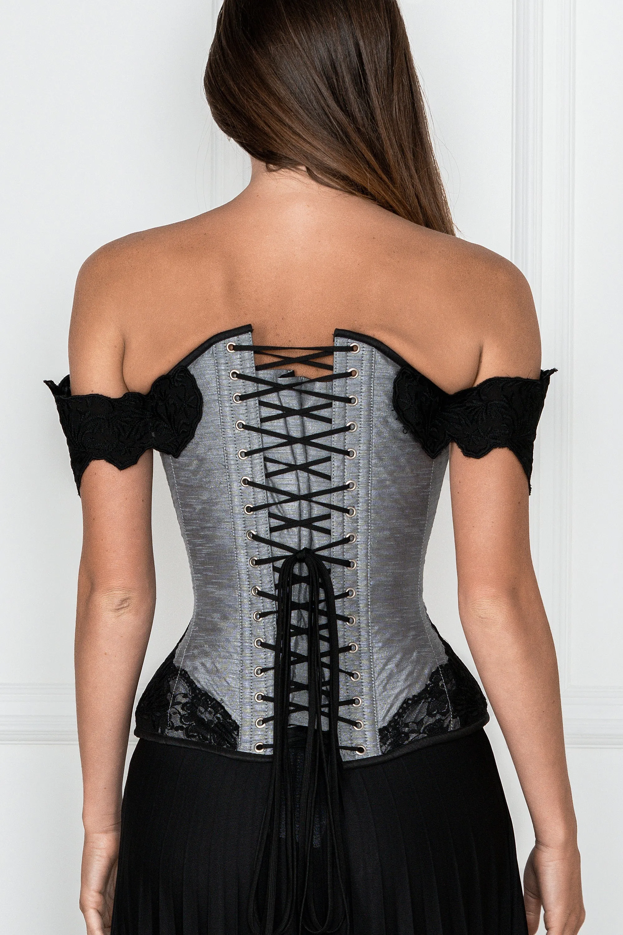 Grey Longline Corset Top with Lace Cap Sleeve