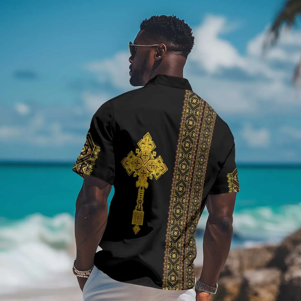Habesha Motifs Ethiopia Hawaiian Shirt Tilet Black Gold LT7