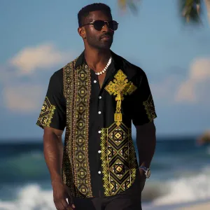 Habesha Motifs Ethiopia Hawaiian Shirt Tilet Black Gold LT7