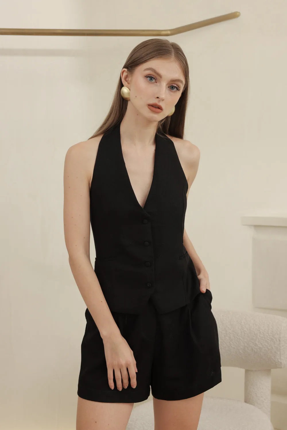 HARRIET SET  Halter Vest and Pleated Trouser Short Set (Black Linen)