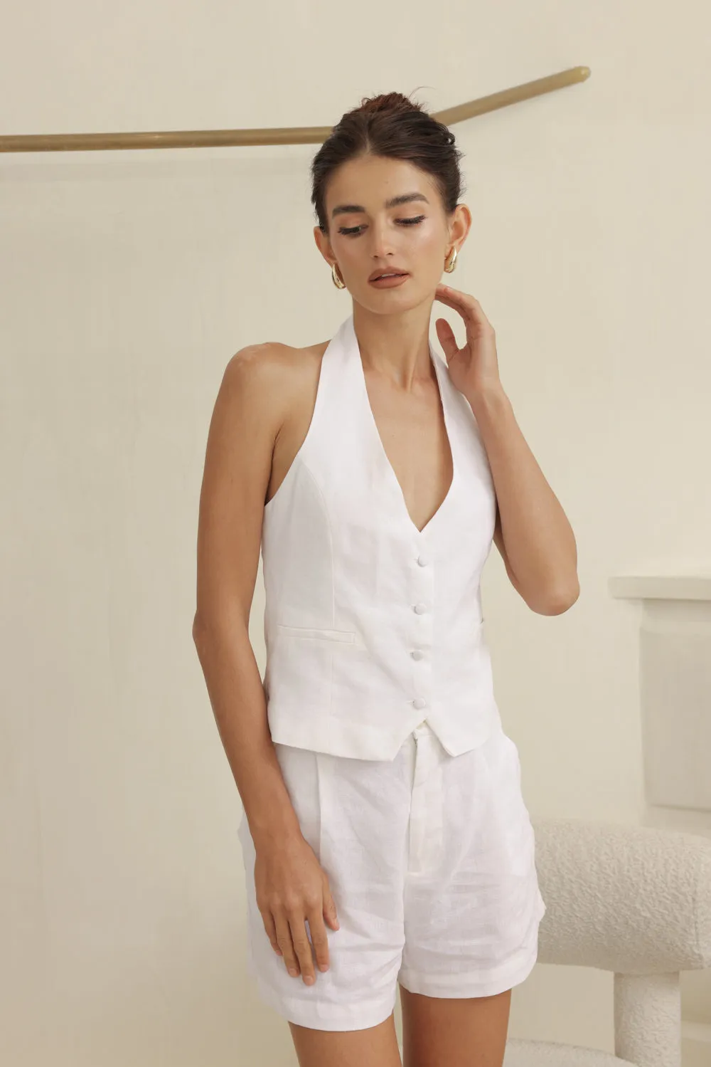 HARRIET SET  Halter Vest and Pleated Trouser Short Set (White Linen)