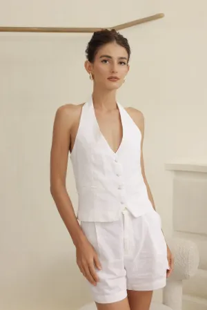 HARRIET SET  Halter Vest and Pleated Trouser Short Set (White Linen)