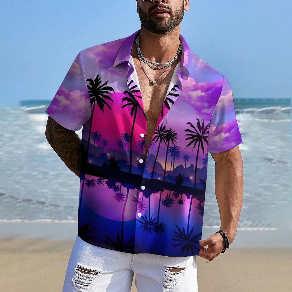 Hawaiian Coconut Tree Print Casual Oversized Short Sleeve Shirt 2407000139
