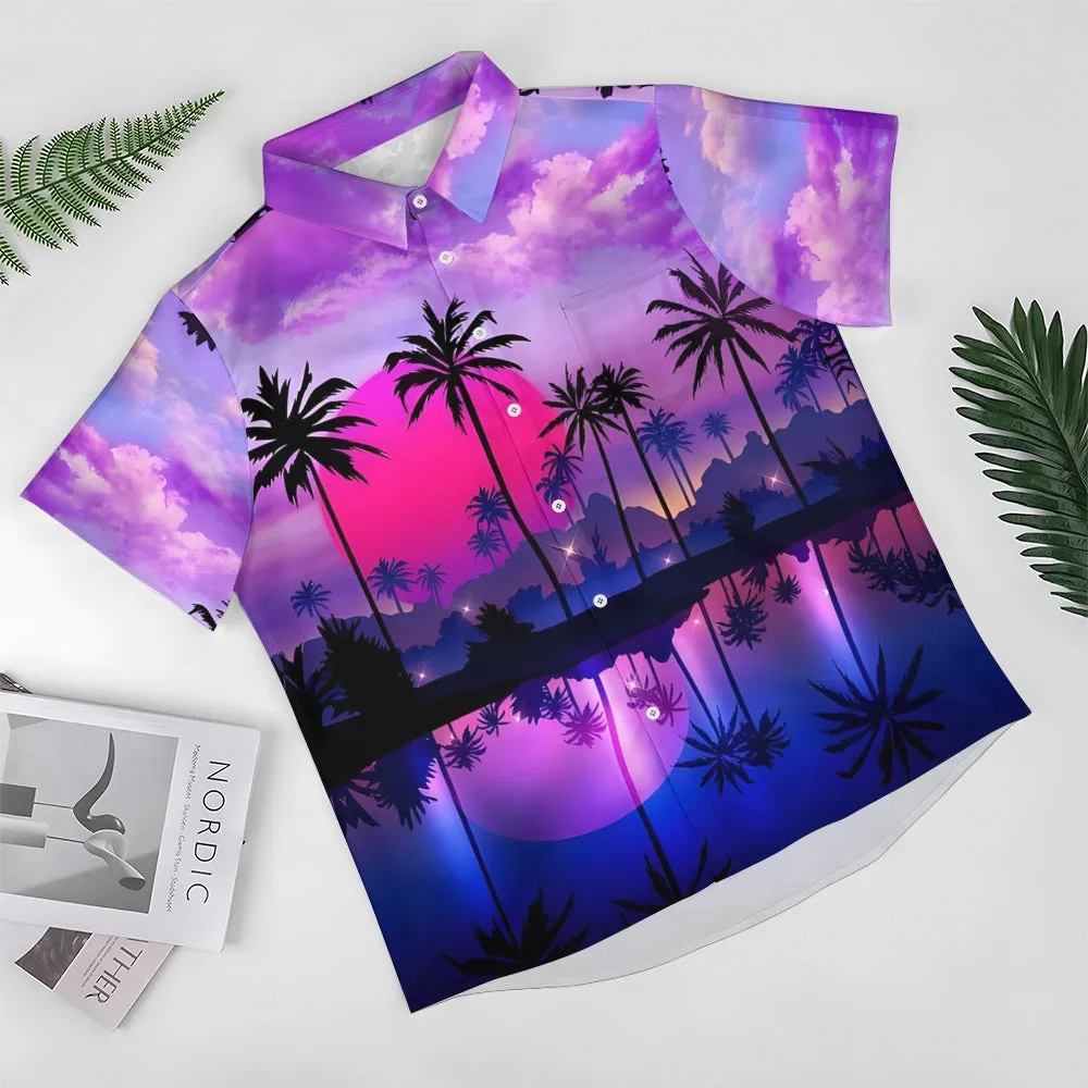 Hawaiian Coconut Tree Print Casual Oversized Short Sleeve Shirt 2407000139