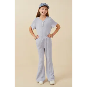Hayden Girls Rib Knit Marled Henley Wide Leg Pants-Blue