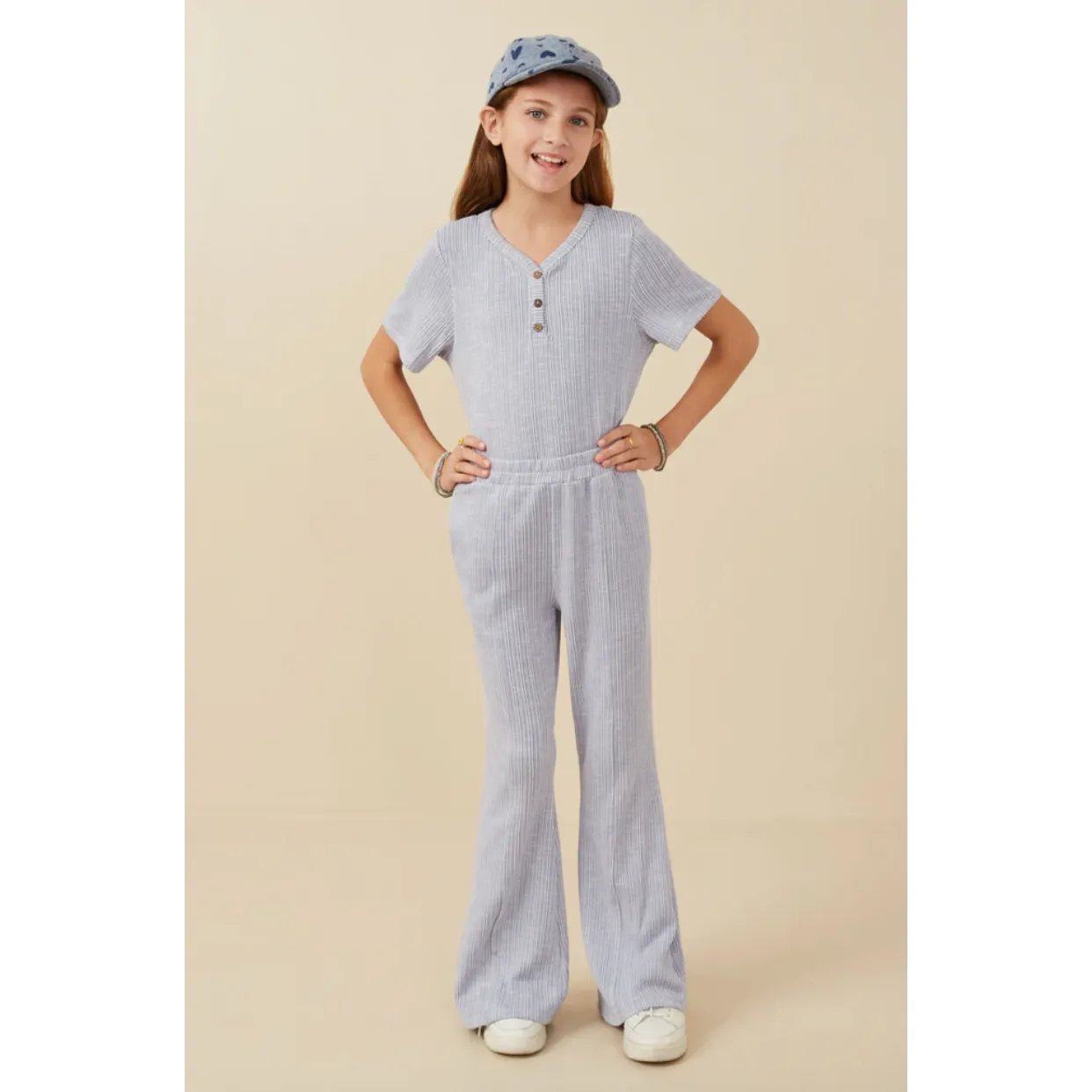 Hayden Girls Rib Knit Marled Henley Wide Leg Pants-Blue