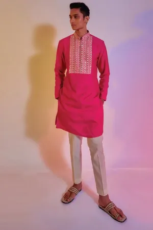 HOT PINK KURTA WITH EMBROIDERED YOKE TEAMED WITH IVORY PLEATED PANTS