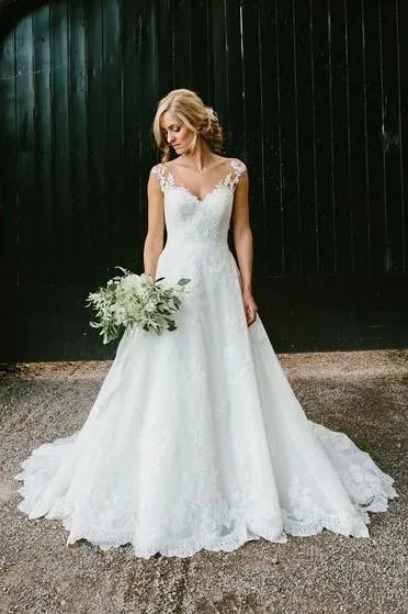 Illusion Lace V-neckline Wedding Lace Dresses Cap Sleeves
