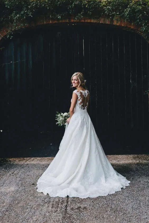 Illusion Lace V-neckline Wedding Lace Dresses Cap Sleeves
