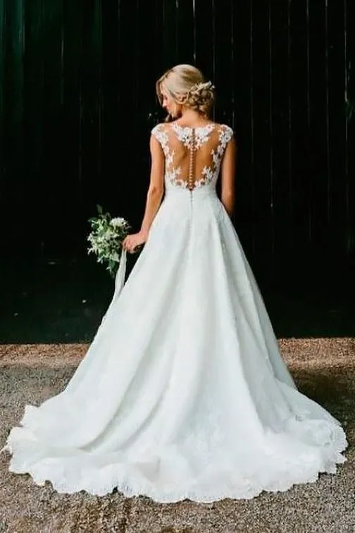 Illusion Lace V-neckline Wedding Lace Dresses Cap Sleeves