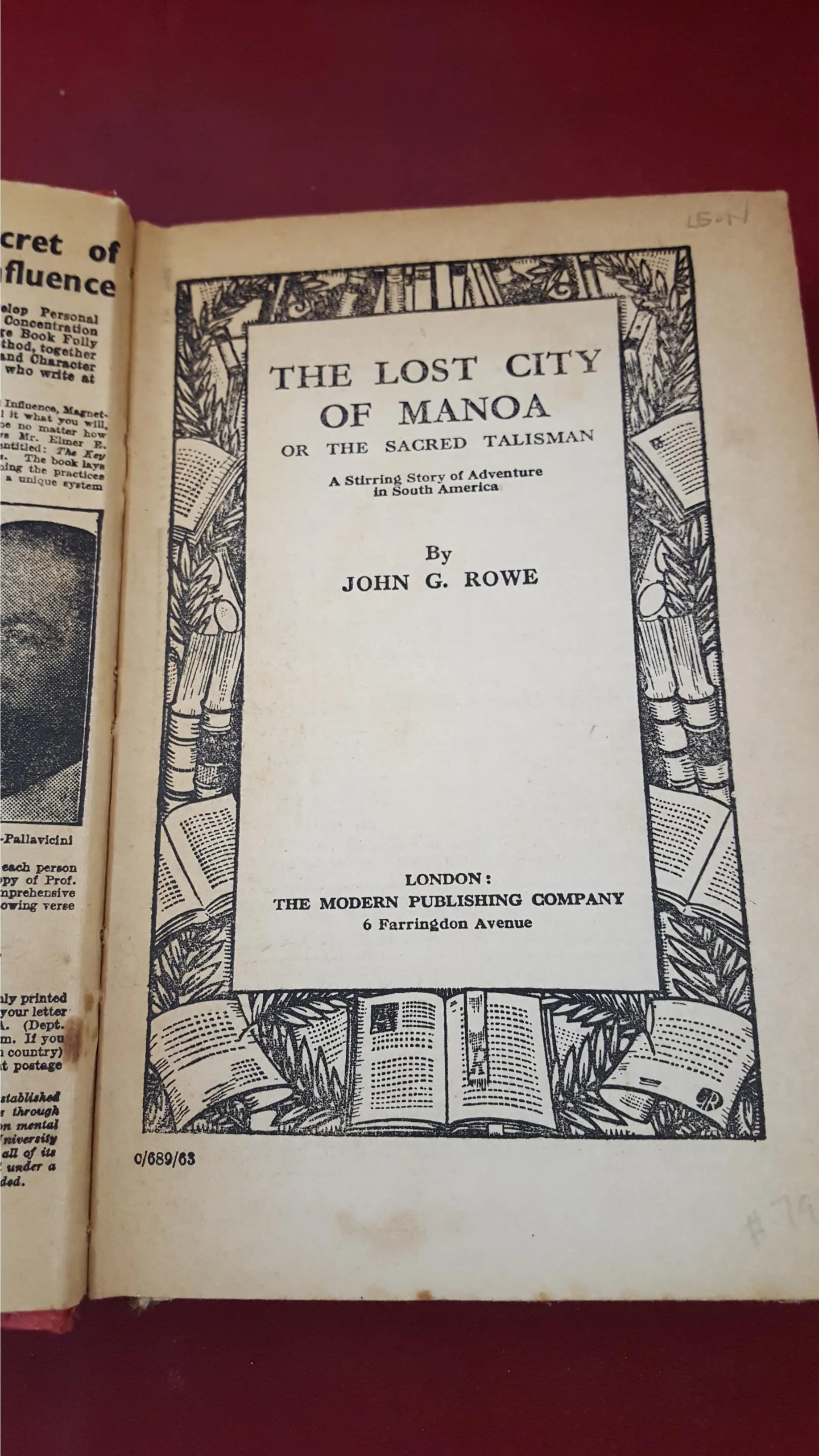 John G Rowe - The Lost City Of Manoa, Modern Publishing, 1925, First Edition