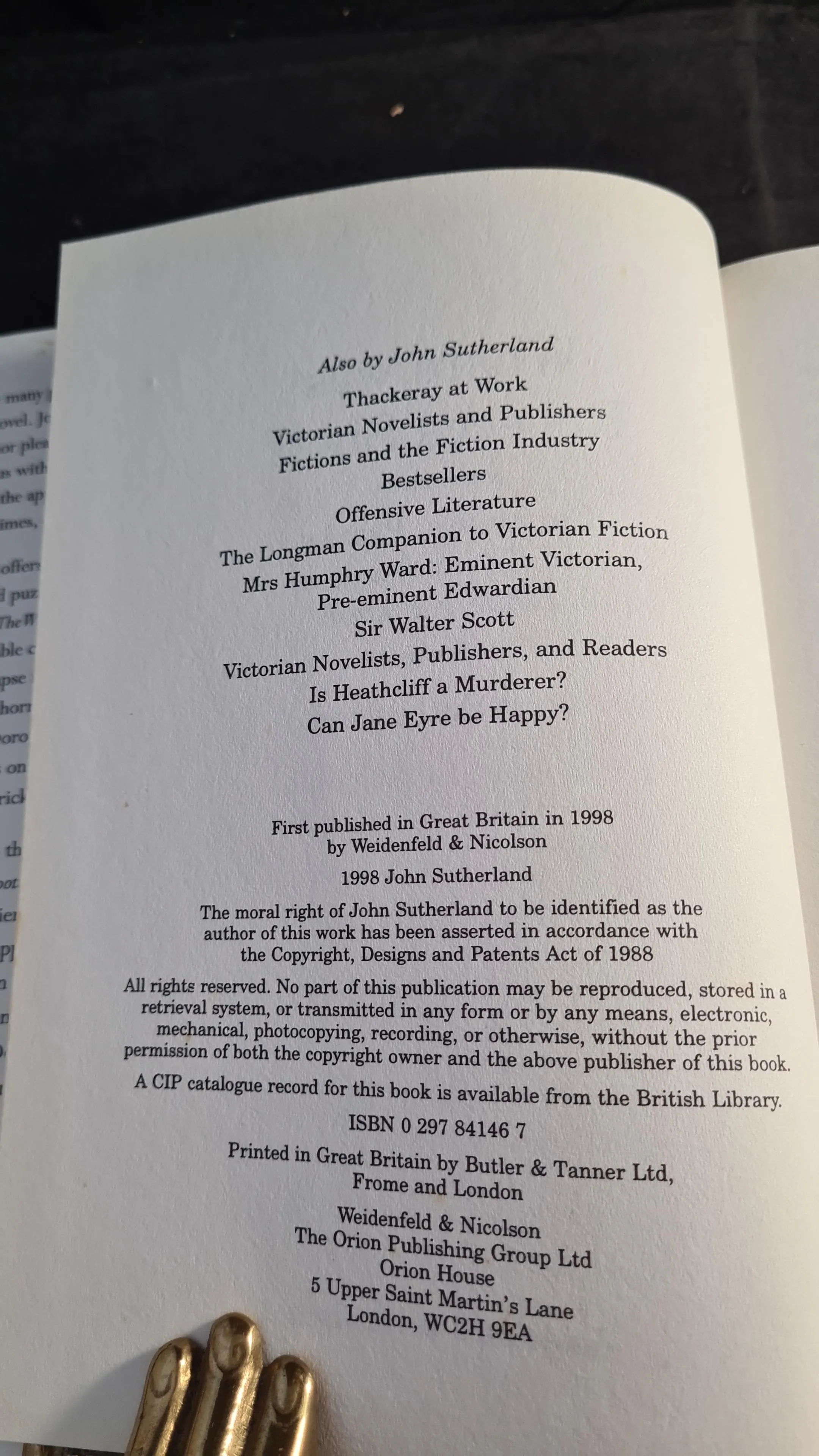 John Sutherland - Where was Rebecca Shot, Weidenfeld & Nicolson, 1998, First Edition