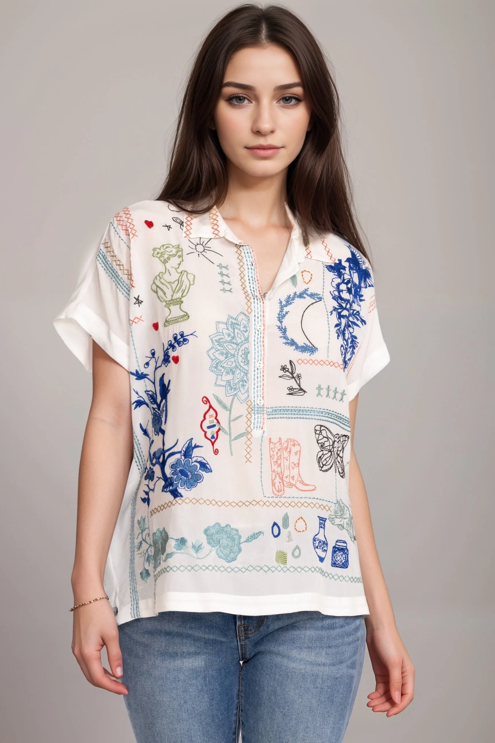 Johnny Was Biya Nahmad Embroidered Silk Blouse B12223-E *