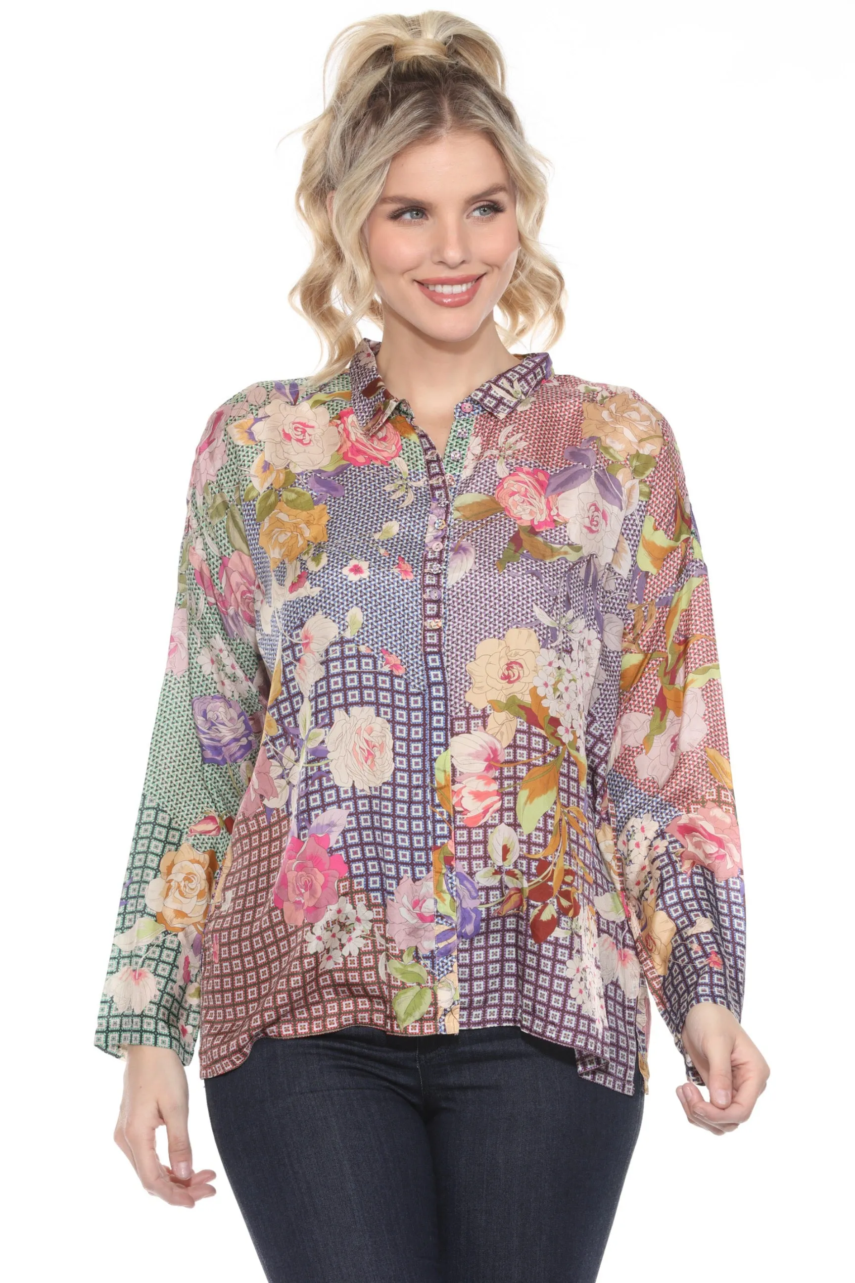 Johnny Was Cathron Mingle Floral Silk Blouse C15823