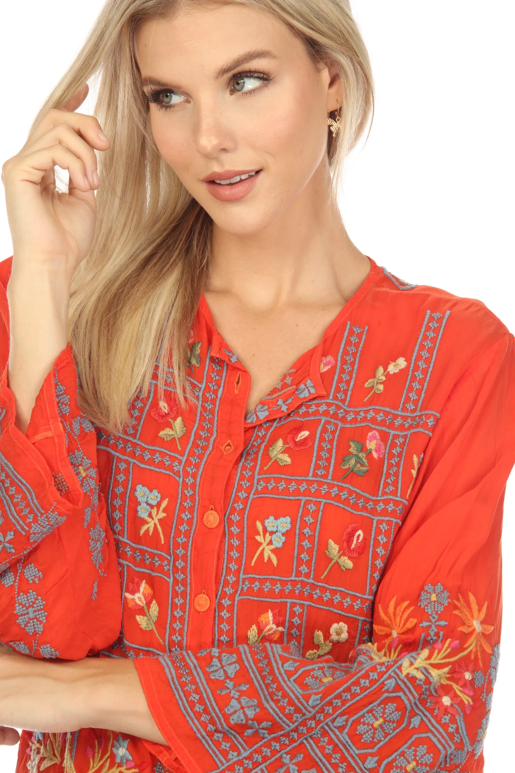 Johnny Was Red Wyatt Floral Embroidered Long Sleeve Blouse Boho Chic C12023