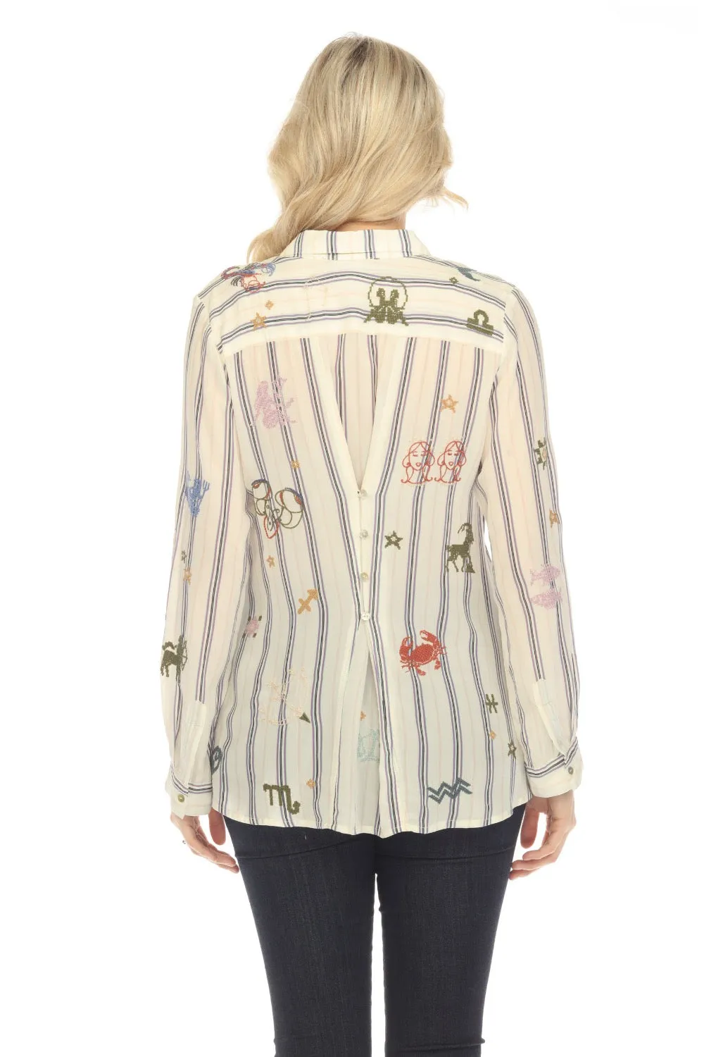 Johnny Was Workshop Ariana Striped Embroidered Button Back Shirt Boho Chic W15023