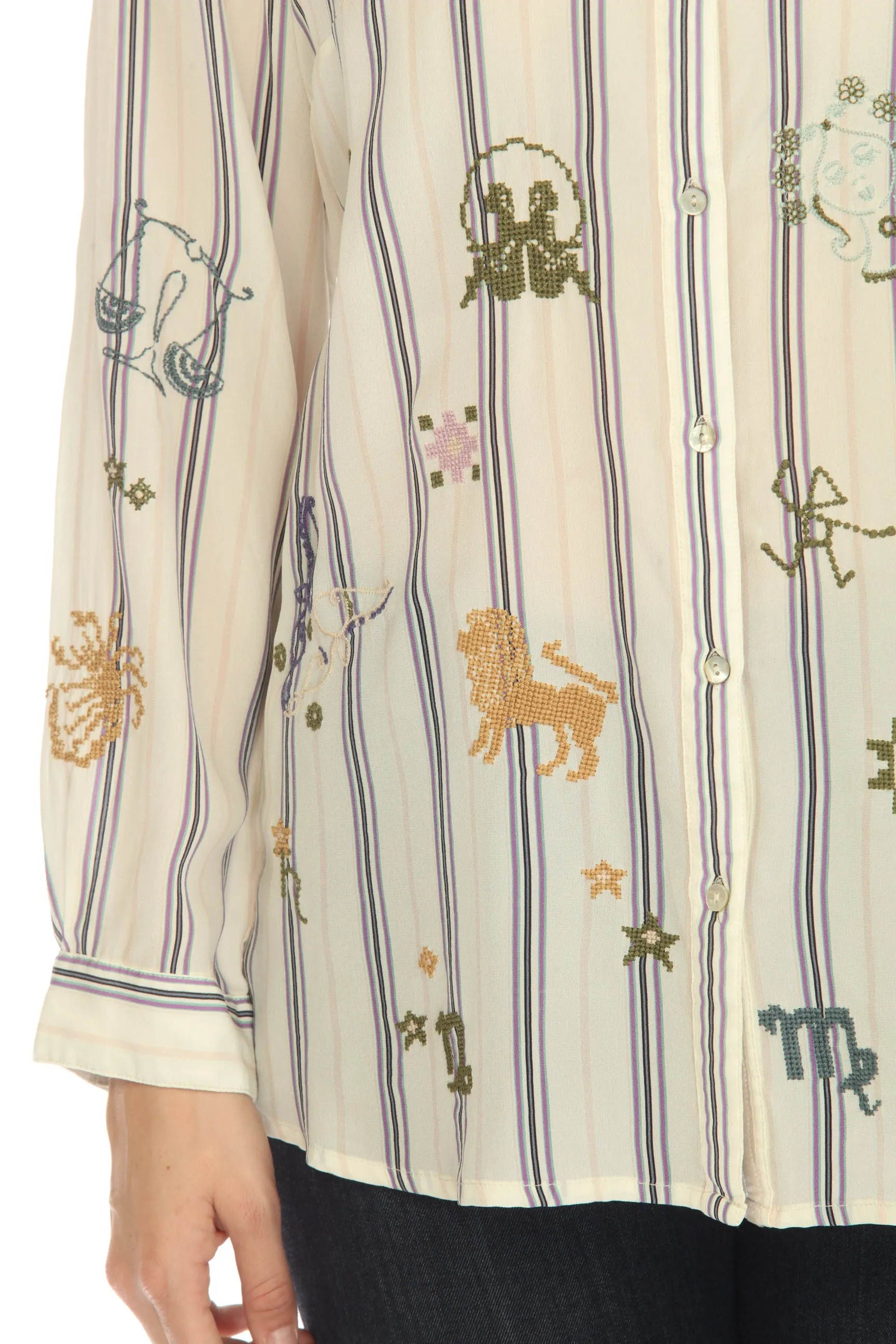 Johnny Was Workshop Ariana Striped Embroidered Button Back Shirt Boho Chic W15023