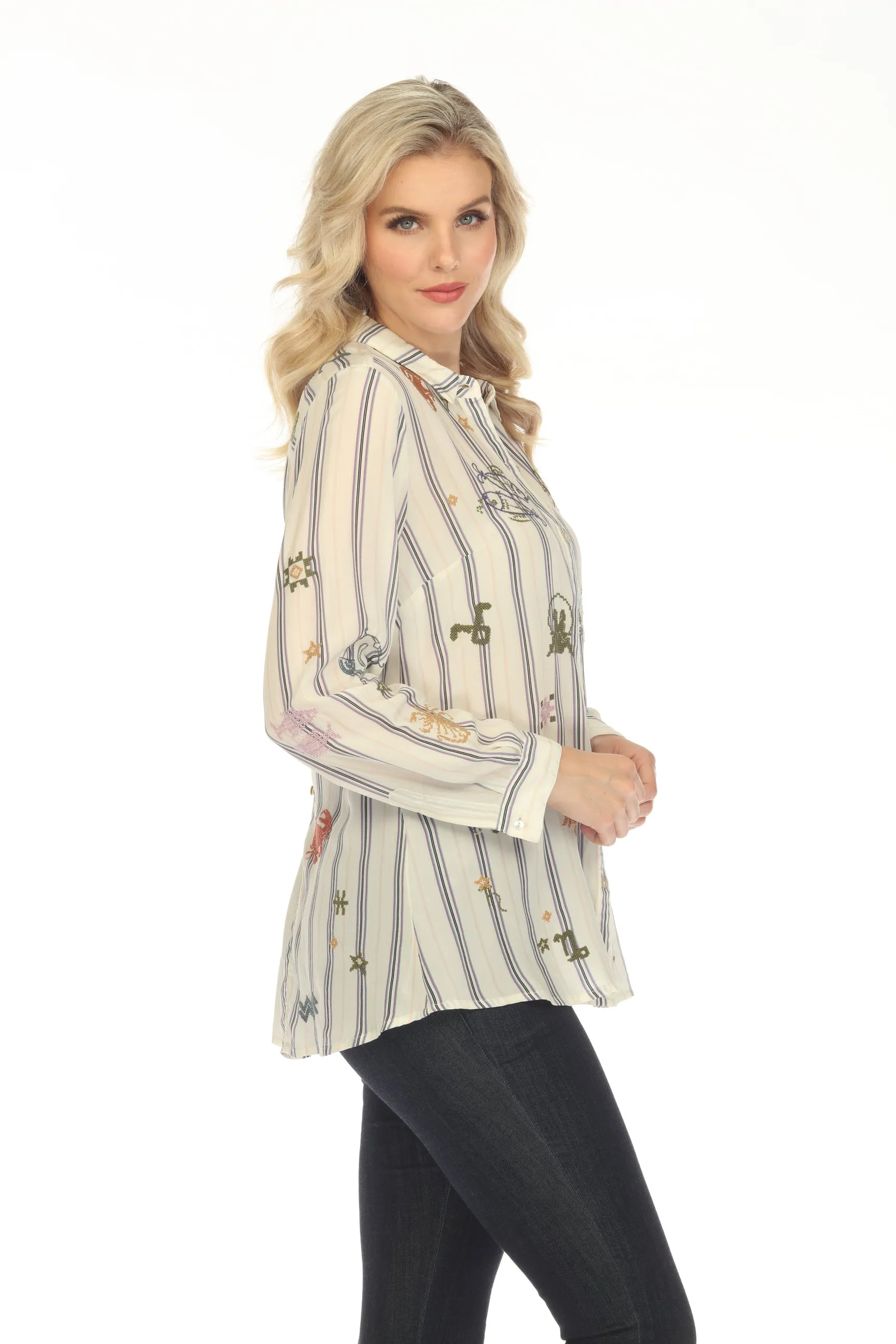 Johnny Was Workshop Ariana Striped Embroidered Button Back Shirt Boho Chic W15023