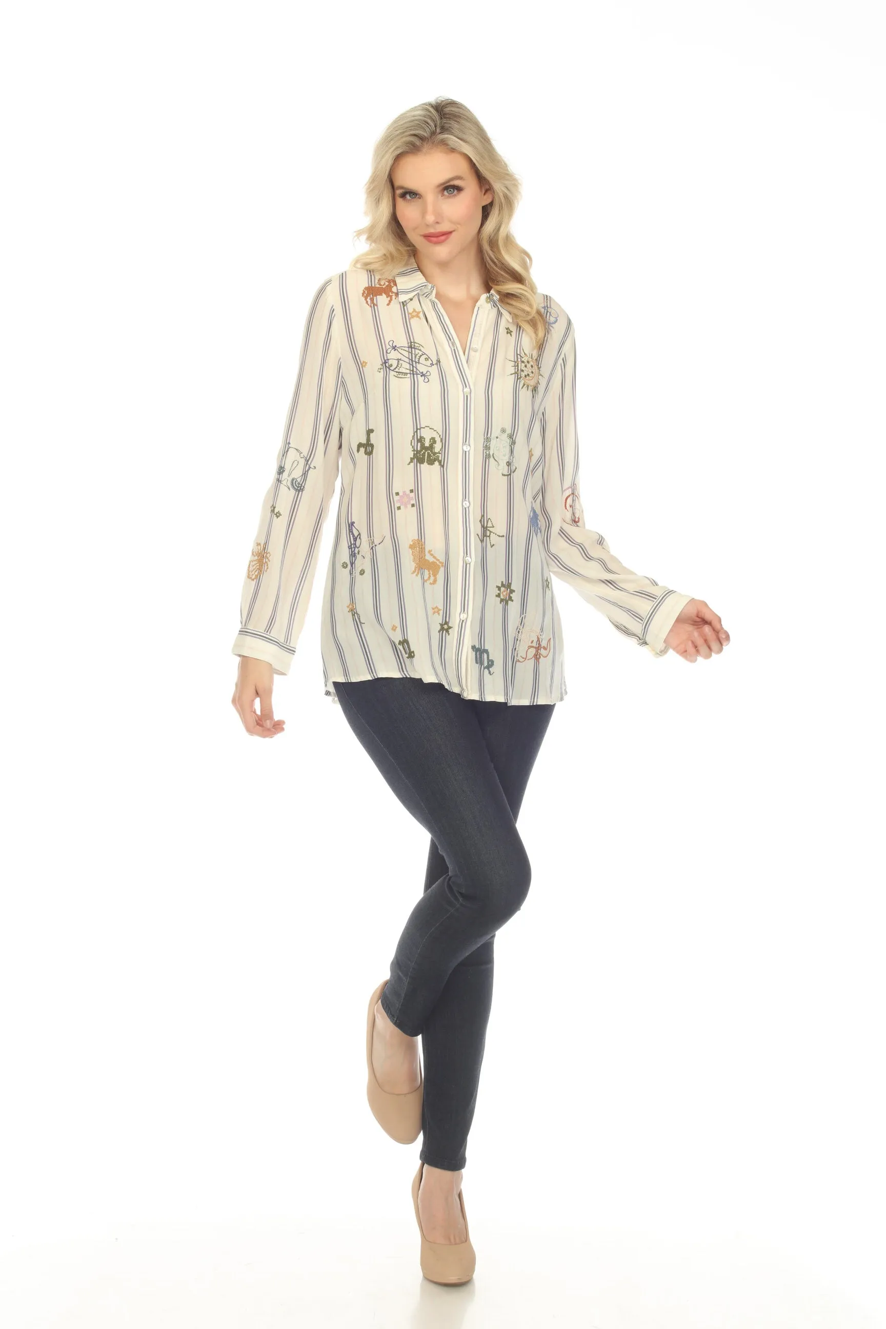 Johnny Was Workshop Ariana Striped Embroidered Button Back Shirt Boho Chic W15023