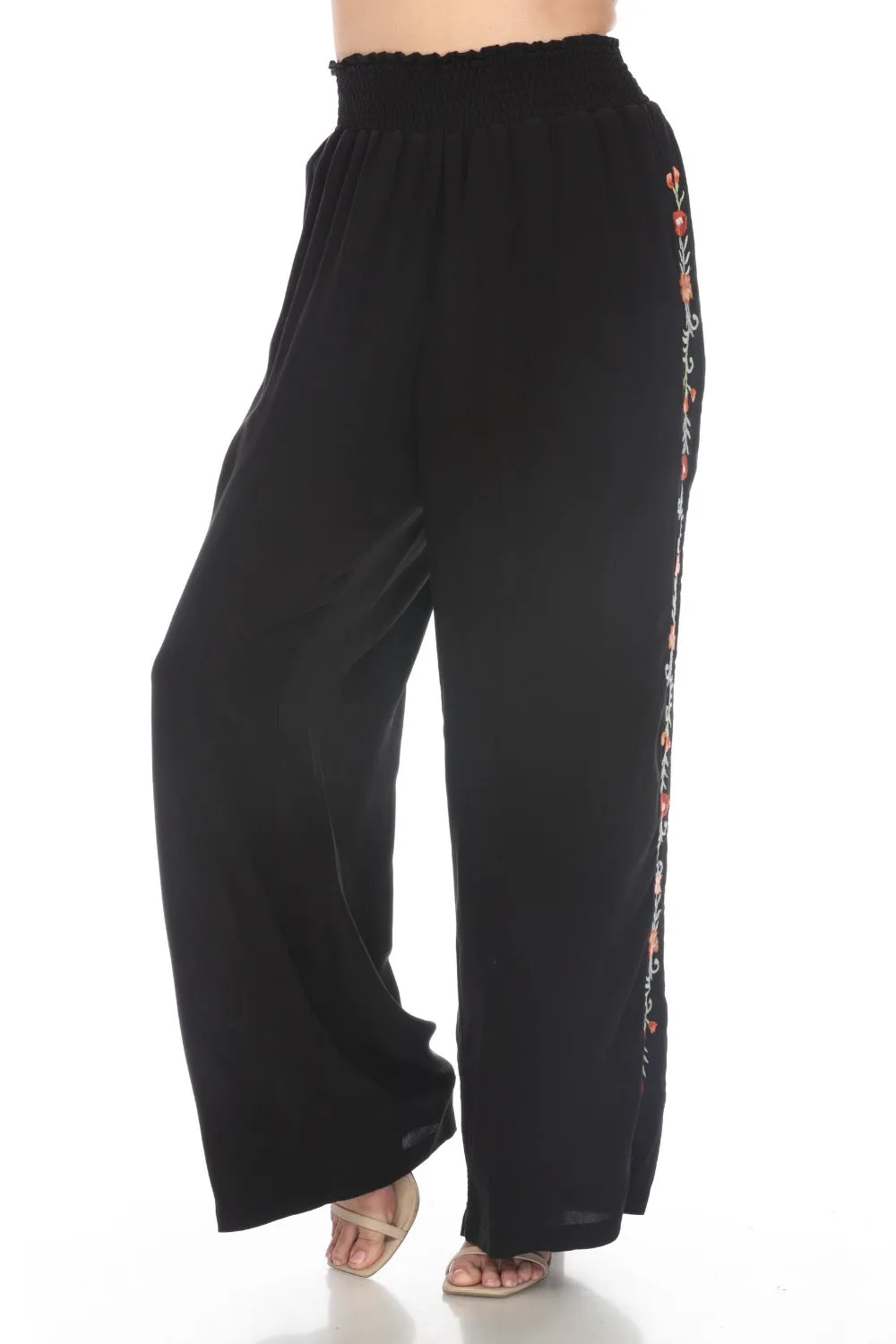 Johnny Was Workshop Black Silk Embroidered Smocked Wide Leg Pants Boho Chic W62224