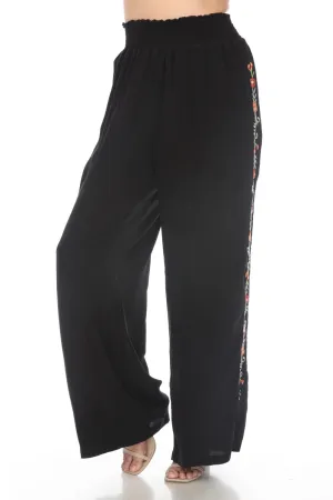 Johnny Was Workshop Black Silk Embroidered Smocked Wide Leg Pants Boho Chic W62224