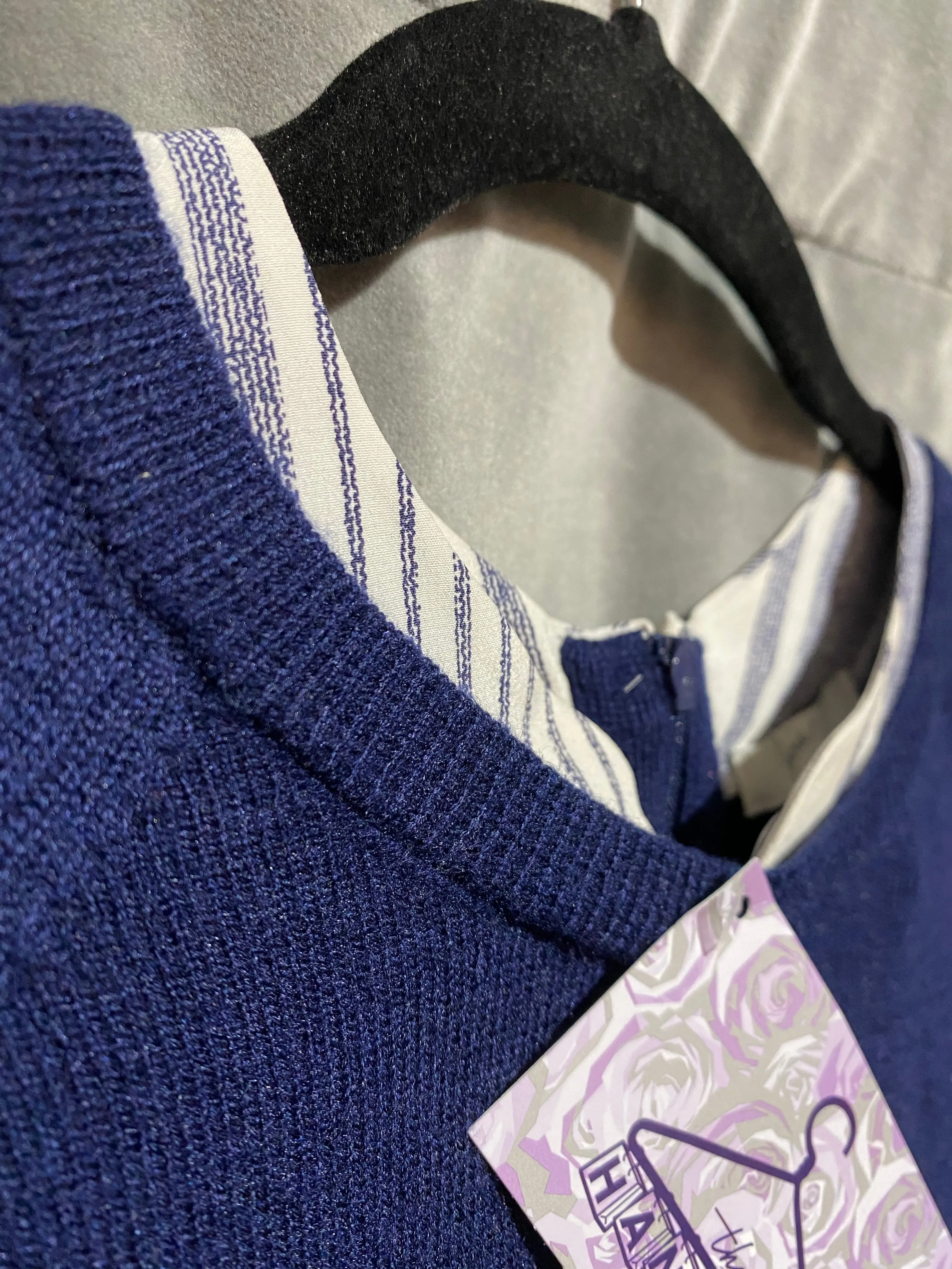 Joie Navy Crew Neck Sweater with Silk Blouse Under