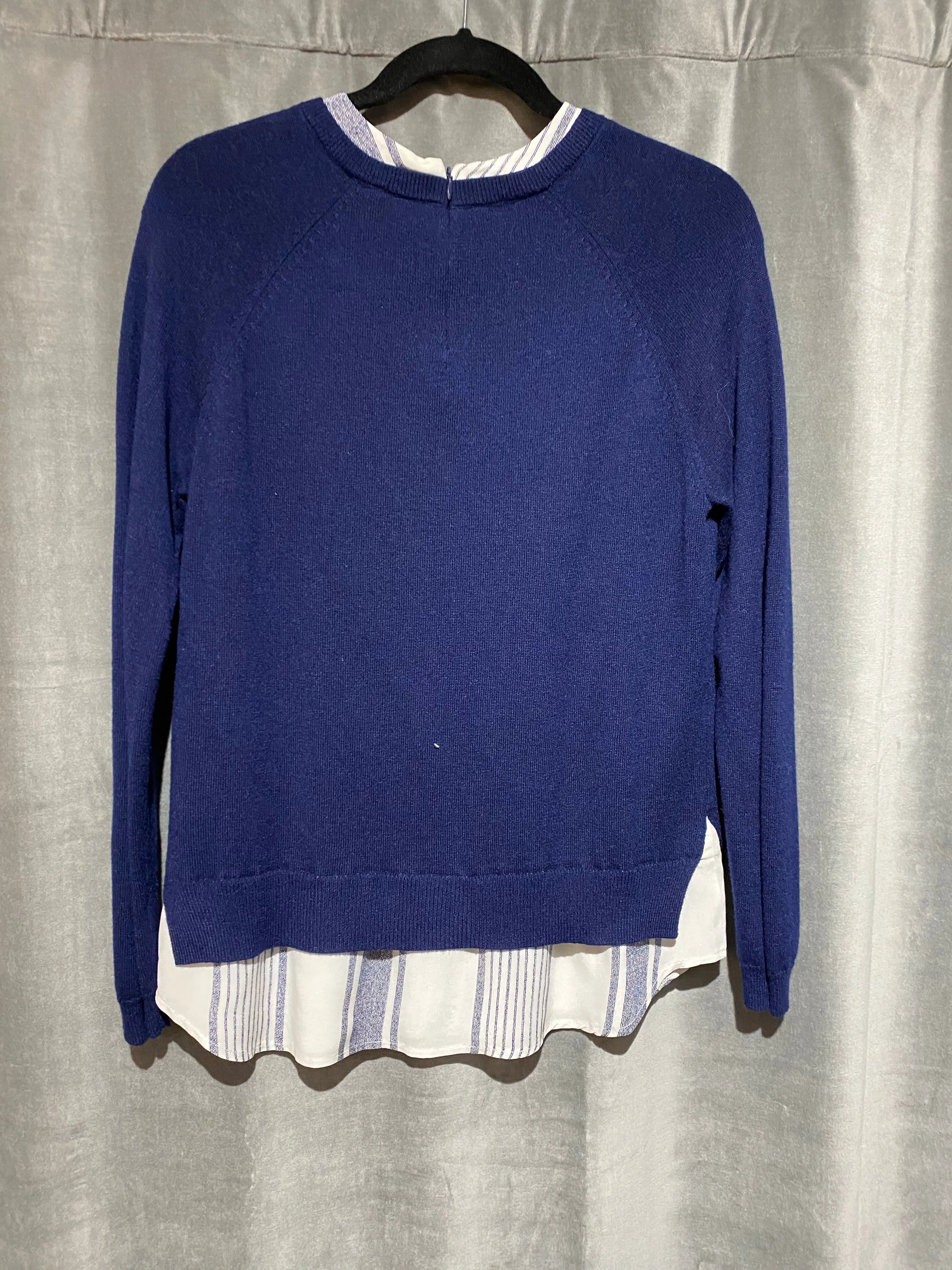 Joie Navy Crew Neck Sweater with Silk Blouse Under