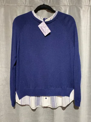 Joie Navy Crew Neck Sweater with Silk Blouse Under