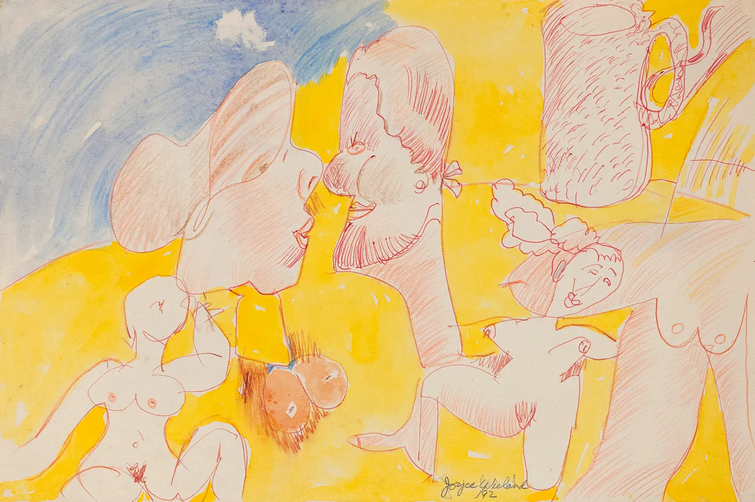 JOYCE WIELAND "TWO LOVERS" DOUBLE SIDED DRAWING, 1992