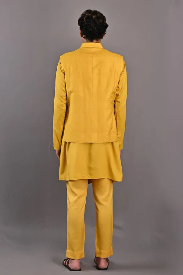 Kai - Mustard Self Textured Nehru Jacket With Kurta Set
