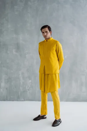 Kai - Mustard Self Textured Nehru Jacket With Kurta Set
