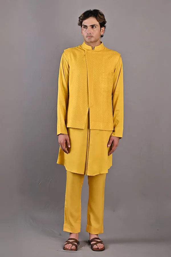 Kai - Mustard Self Textured Nehru Jacket With Kurta Set
