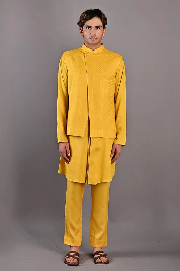 Kai - Mustard Self Textured Nehru Jacket With Kurta Set