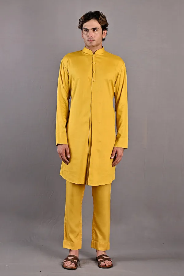 Kai - Mustard Self Textured Nehru Jacket With Kurta Set
