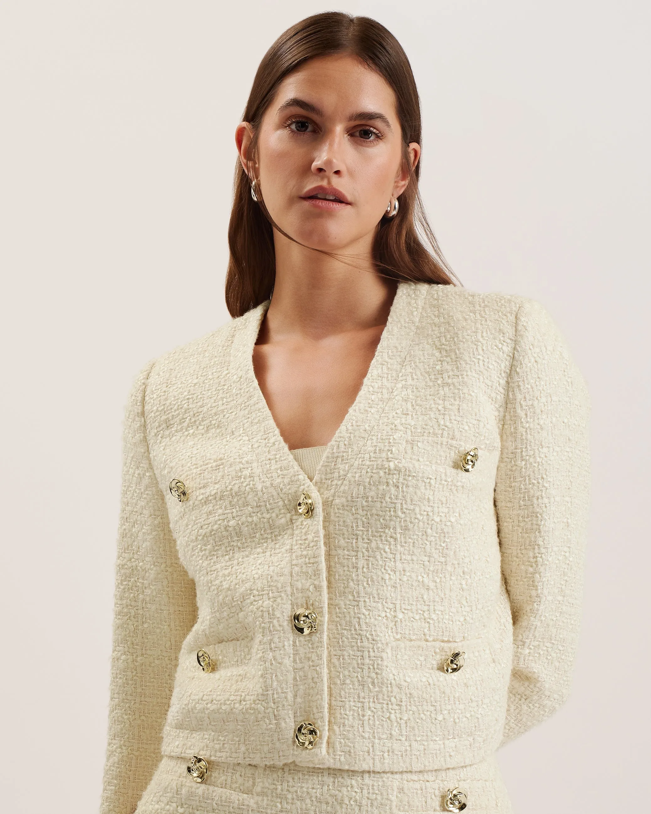 Koma Rose Button Cropped Boucle Tailored J Ivory