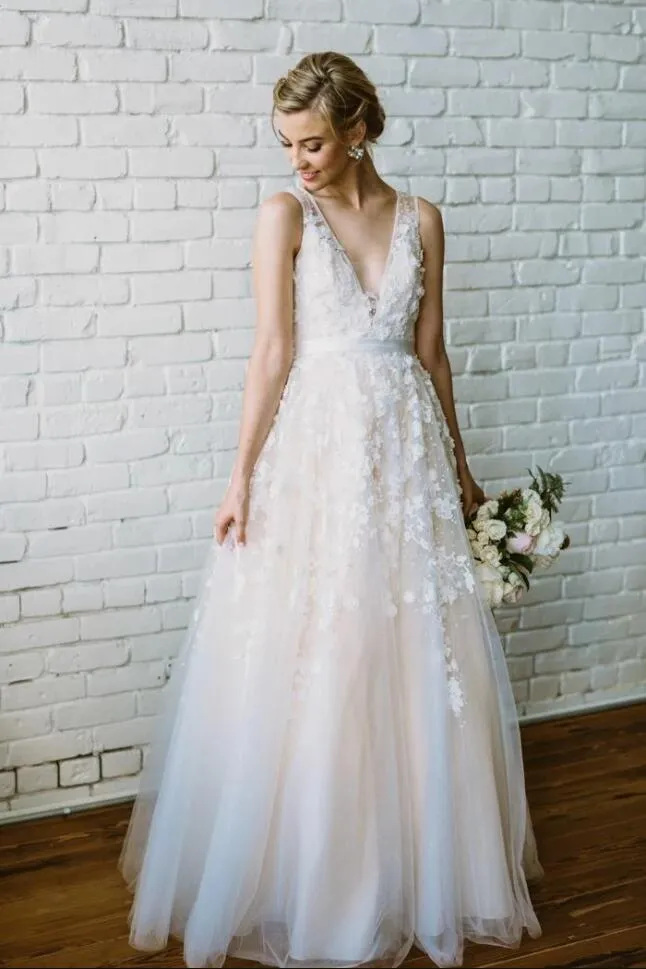 Lace Pearls Sleeveless Floral Wedding Dresses with V-neckline